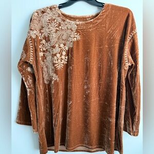 TIME FOR ME Velvet Harvest Carmel Orange Tan Floral Embroidered Long Sleeve Sz L